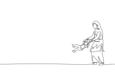 Genç İslami annenin sürekli oynadığı ve kızını evde kaldırdığı bir çizgi. Mutlu Arap Müslüman ebeveynlik aile kavramı. Dinamik tek çizgi çizimi tasarım vektörü illüstrasyonu