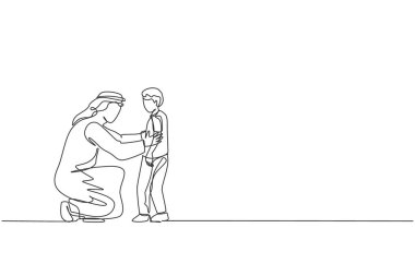 Sürekli bir çizgi halinde genç Arap baba oğluna harika öğütler veriyor, birlikte konuşuyorlar. Mutlu İslami Müslüman ebeveynlik aile kavramı. Dinamik tek çizgi grafik tasarım vektörü illüstrasyonu