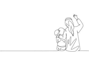 Tek bir çizgi, genç Arap baba ve kızının birlikte oturup vektör çizimlerini çiziyor. Mutlu İslami Müslüman aile ebeveynliği kavramı. Modern sürekli çizgi çizimi tasarımı