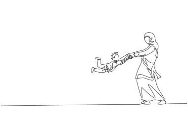 Tek bir çizgi, oğlunu kucaklayan ve vektör illüstrasyonunu birlikte yapmak için sallanan genç Arap anneyi çiziyor. Mutlu İslami Müslüman aile ebeveynliği kavramı. Modern sürekli çizgi çizimi tasarımı