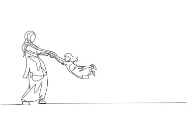 Genç Arap annenin sürekli oynadığı ve kızının sineği salladığı tek çizgi. Müslüman mutlu aile ebeveynliği kavramı. Bir satır grafik çizimi tasarım vektörü illüstrasyonu