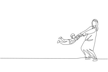 Sürekli olarak genç Arap babasının oğluyla evde uçarken çizdiği çizimler. Mutlu İslami Müslüman ebeveynlik aile kavramı. Dinamik tek çizgi grafik tasarım vektörü illüstrasyonu