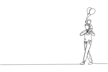 Gece karnavalında karnavalda babasının omzuna balon konduran küçük bir çocuğun çizimi. Mutlu ebeveynlik öğrenme kavramı. Modern sürekli çizgi çizimi tasarımı