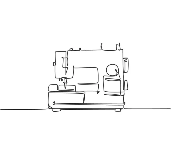 テーラーメイド機器のための古典的なミシン家電の一本の線画 電気繊維工場のツールコンセプト ダイナミック連続線グラフィック描画デザインイラスト — ストックベクタ