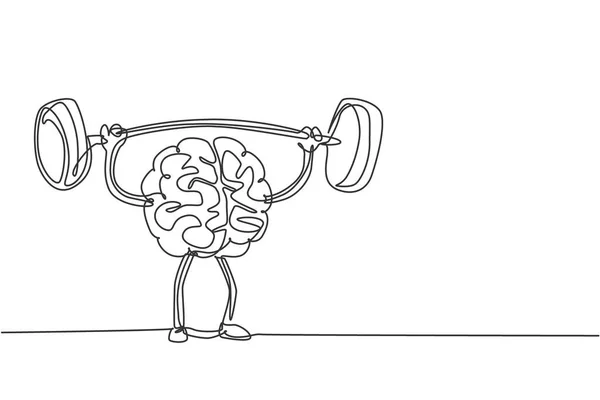 Singolo Disegno Linea Continua Forte Cervello Umano Muscolare Sollevamento Etichetta — Vettoriale Stock