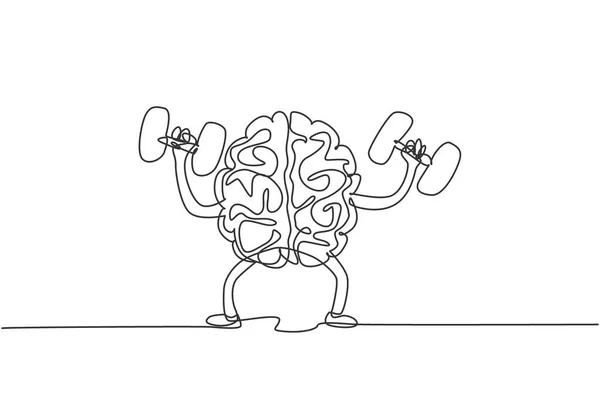 One Continuous Line Drawing Healthy Strong Human Brain Raised Dumbbell — Stock Vector