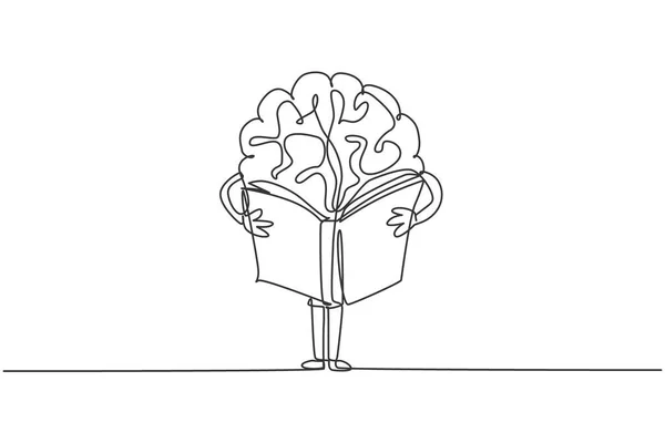 Dibujo Línea Continua Única Del Cerebro Humano Pie Libro Lectura — Archivo Imágenes Vectoriales