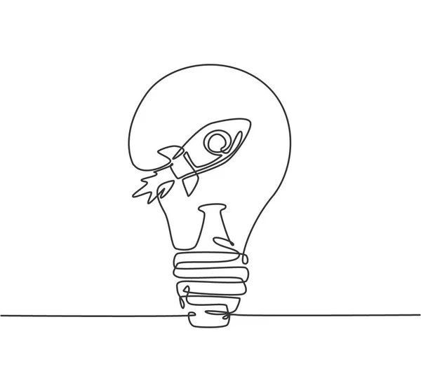 Dessin Ligne Continue Lancement Fusée Intérieur Emblème Logo Ampoule Propre — Image vectorielle