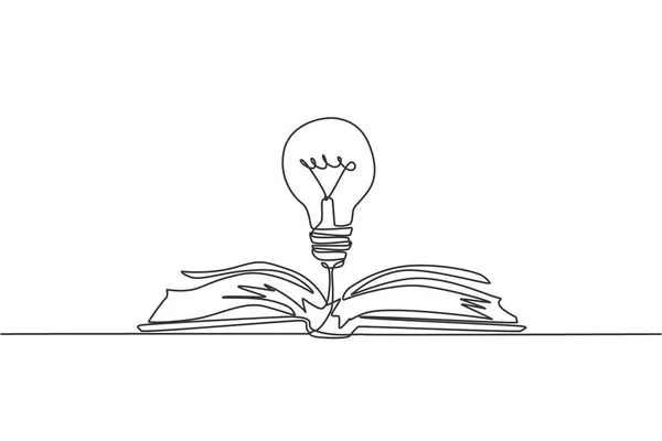 開いているテキストブックのロゴのアイデンティティの上に輝く電球の1つの線画 知識学習クラブのロゴタイプアイコンテンプレートの概念 ダイナミック連続線画設計図ベクトル図 — ストックベクタ