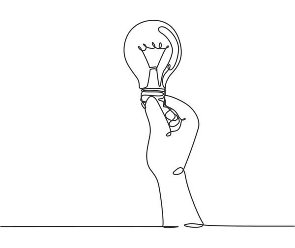 Desenho Linha Contínua Única Mão Humana Segurar Lâmpada Brilhante Logotipo — Vetor de Stock