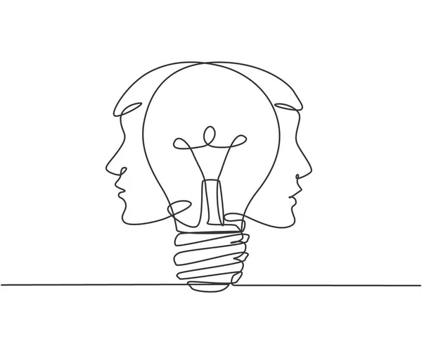 2人の男性の1本の線画は 中央のロゴのアイデンティティで電球で直面しています 人間の創造性の会社のロゴのアイコンのテンプレートの概念 連続線画デザイングラフィックベクトルイラスト — ストックベクタ