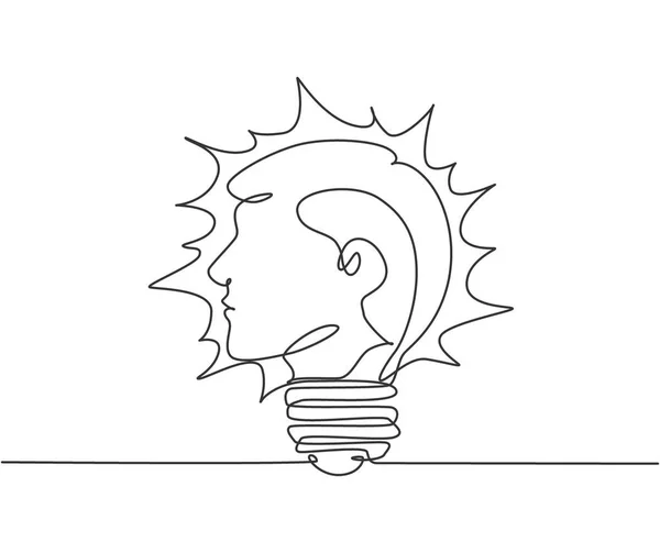 輝く電球のロゴのエンブレム内の側面のビューから人間の頭の1つの連続線画 スマート会社のロゴタイプアイコンテンプレートの概念 現代の単線描画グラフィックデザインベクトルイラスト — ストックベクタ
