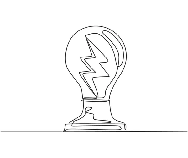 ロゴラベルの内側に雷ボルトで輝き電球の単連続線画 電力アイコンラベルの概念をパワーアップします トレンディーな1行は グラフィックデザインベクトルのイラストを描く — ストックベクタ