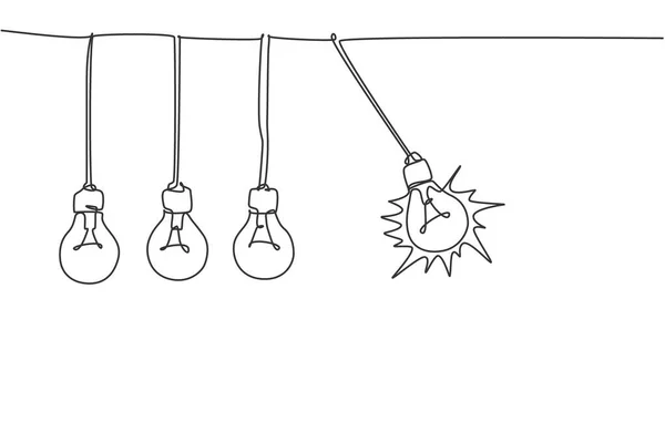 Disegno Linea Continua Lampadina Pendolo Oscillante Pronto Rompere Altro Emblema — Vettoriale Stock