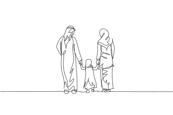年轻的伊斯兰妈妈和爸爸一边走一边牵着女儿的手 不停地画着一条线 阿拉伯穆斯林快乐家庭养育的概念 单行绘图设计矢量图解 — 图库矢量图片