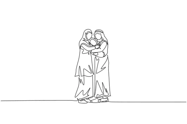 Одна Лінія Малюнку Молодого Аравійського Батька Матері Обіймають Своє Немовля — стоковий вектор