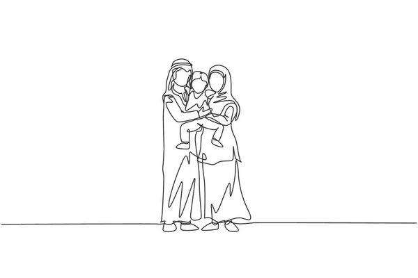 若い幸せなイスラム教徒の母親と父親の抱擁と一緒に息子を持ち上げるのシングル連続線画 ムスリムの幸せな家族の子育ての概念 1本の線画ベクトル図 — ストックベクタ