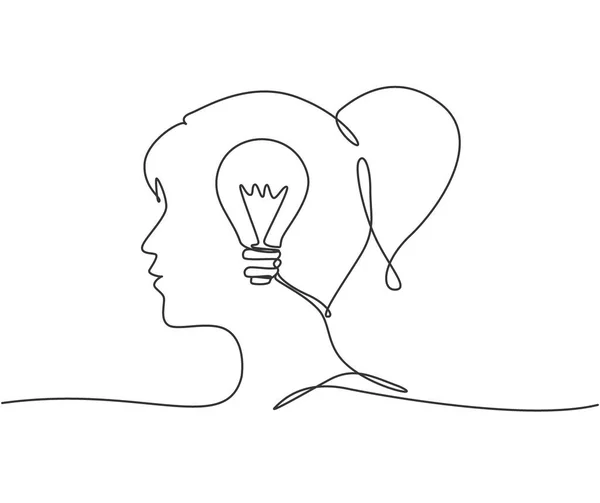 会社のロゴのアイデンティティのための内部電球と人間の女性の頭の一本の線画 イノベーション創造プロセスアイコンコンセプト トレンディーな連続線描画ベクトルイラスト — ストックベクタ