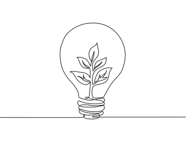 会社のロゴラベルのための緑の天然葉と電球の単連続線画 グリーンパワーイノベーションロゴタイプシンボルテンプレートコンセプト 動線図ベクトル図 — ストックベクタ