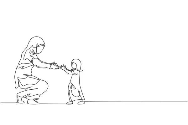 Desenho Linha Contínua Jovem Filha Criança Islâmica Aprende Andar Enquanto —  Vetores de Stock