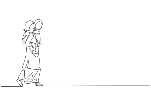 一个连续的线条画年轻的阿拉伯妈妈背着女儿在公园 骑在背上 快乐的伊斯兰穆斯林家庭观念 动态单行绘图设计矢量说明 — 图库矢量图片