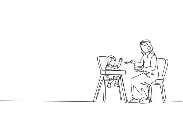 年轻的伊斯兰父亲在婴儿餐桌上连续画一条线 喂他那蹒跚学步的女儿 阿拉伯穆斯林的快乐家庭父亲的概念 趋势单行绘图设计矢量插图 — 图库矢量图片