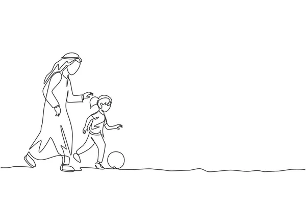 Μια Ενιαία Γραμμή Σχέδιο Του Νεαρού Άραβα Μπαμπά Παίζει Ποδόσφαιρο — Διανυσματικό Αρχείο