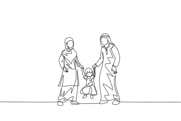 Jeden Ciągły Rysunek Młodych Islamskich Rodziców Bawiących Się Trzymających Córkę — Wektor stockowy