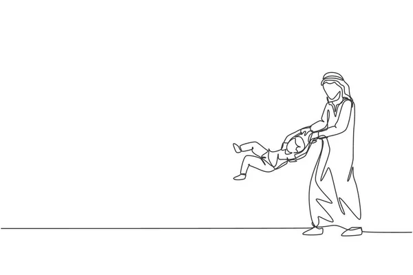一个年轻的阿拉伯父亲的单行画发挥并把他的男孩举到空中的家庭矢量插图 快乐的伊斯兰穆斯林家庭养育观念 现代连续线条绘图设计 — 图库矢量图片