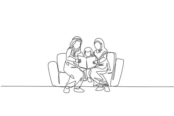 Una Sola Línea Dibujar Joven Mamá Árabe Papá Leyendo Libro — Archivo Imágenes Vectoriales