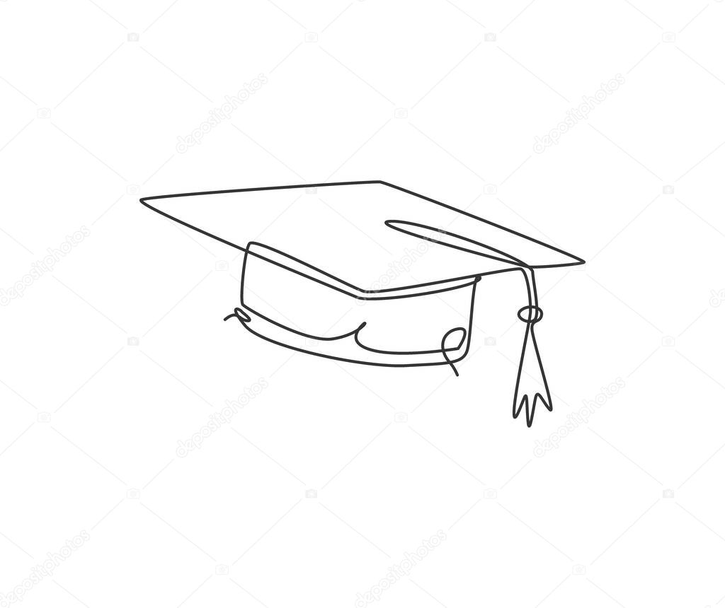 One continuous line drawing of graduation hat logo emblem. Study graduating cap logotype icon template concept. Trendy single line draw graphic design vector illustration