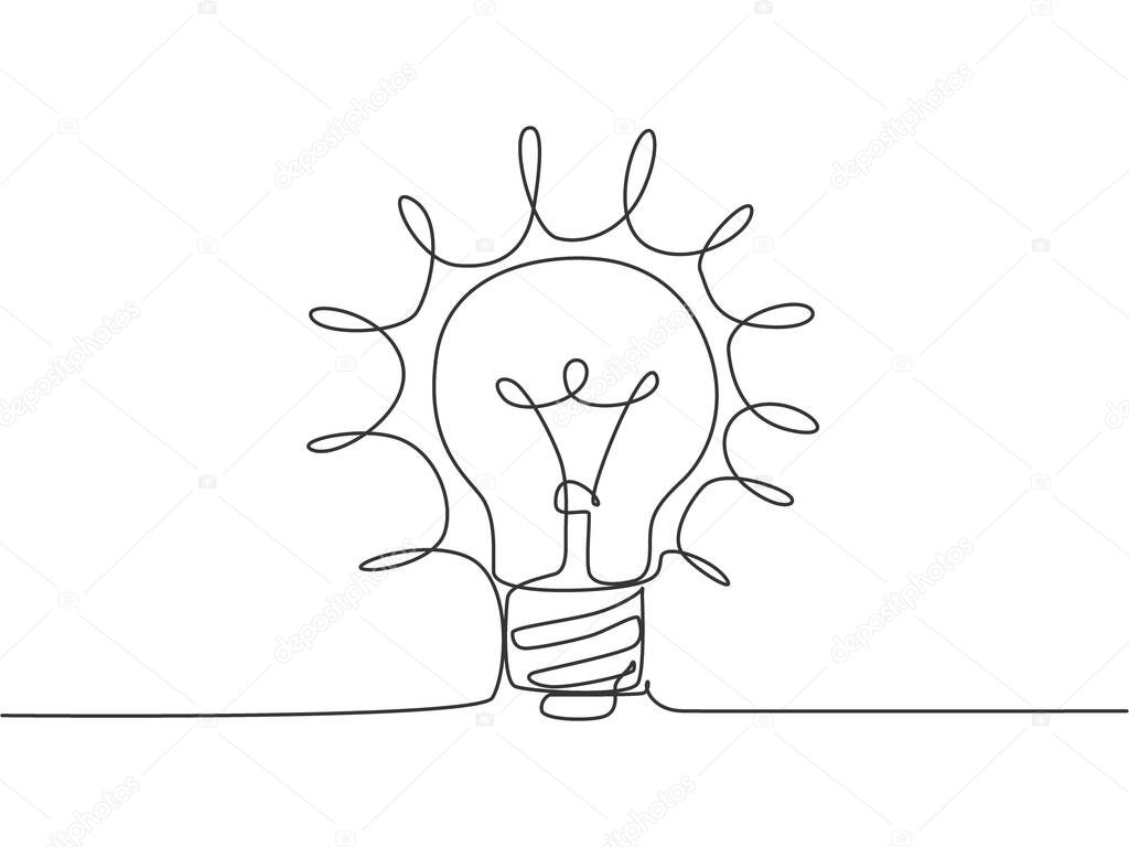 Single continuous line drawing of bright shinging lightbulb for logo label. Power electricity logotype symbol template concept. Dynamic one line draw graphic vector illustration for creative process