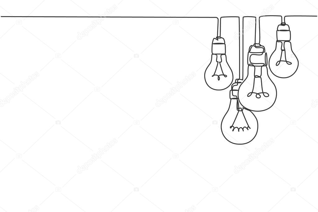 One continuous line drawing of hanging lightbulbs on house ceiling rooftop. Poster for wall decor interior design. Modern single line draw vector graphic illustration