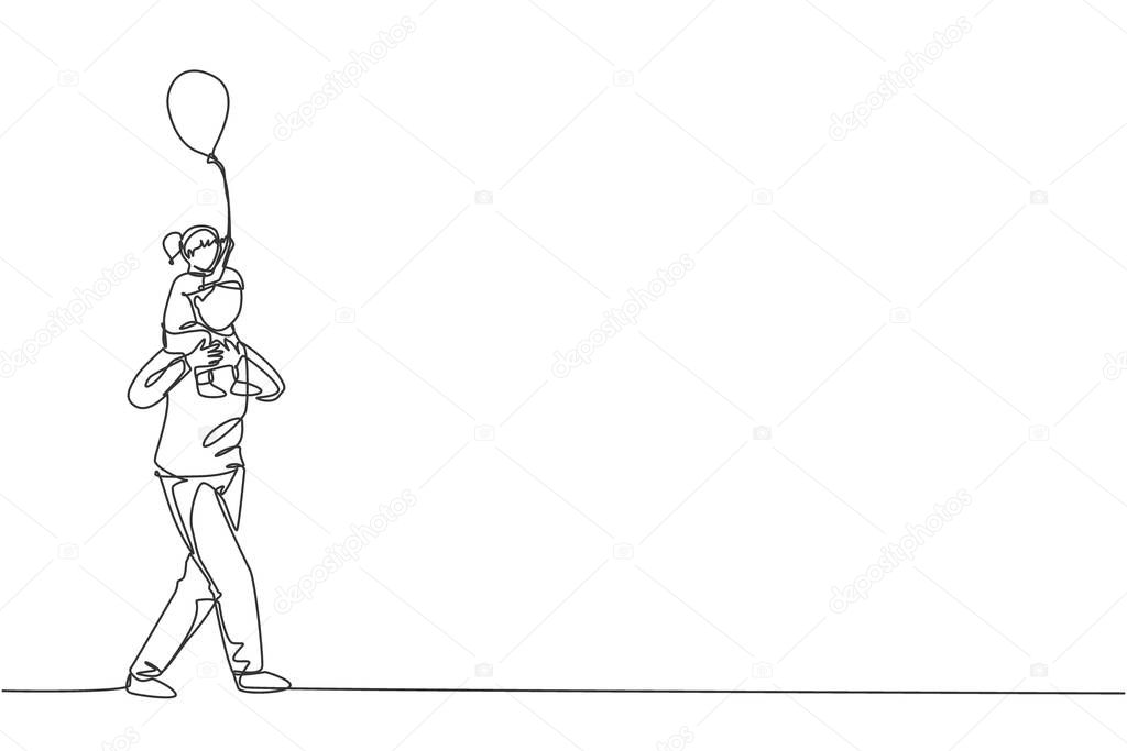 One continuous line drawing of little girl who hold a balloon siting on father's shoulder at night carnival funfair. Happy family parenting concept. Dynamic single line draw design vector illustration