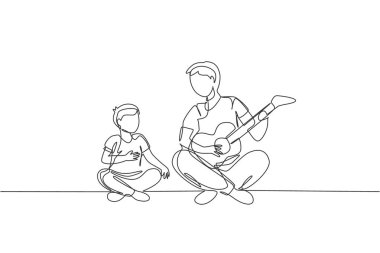 Genç babanın gitar çalarken ve oğluyla evde şarkı söylerken sürekli çizdiği bir çizgi. Mutlu aile ebeveynliği kavramı. Dinamik tek çizgi tasarım vektörü grafik çizimi
