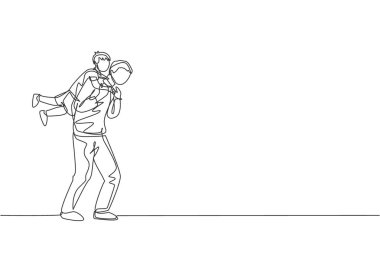 Eve doğru yürüyen, babasının omzunda asılı neşeli küçük bir çocuğun sürekli çizdiği tek çizgi. Mutlu aile ebeveynliği kavramı. Bir satır grafik çizimi tasarım vektörü illüstrasyonu
