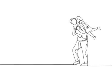 Eve doğru yürüyen, babasının omzunda asılı neşeli küçük bir kızın sürekli çizdiği tek çizgi. Mutlu aile ebeveynliği kavramı. Bir satır tasarım vektörü çizimi grafiği