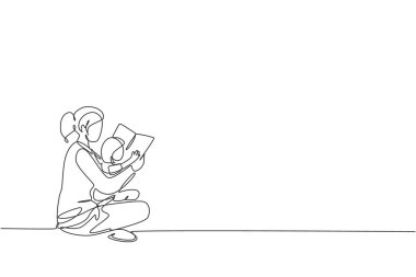 Genç annenin evde oturup kızına masal kitabı okuduğu tek sıra çizimi. Mutlu aile ebeveynliği kavramı. Bir satır tasarım grafik vektör illüstrasyonu