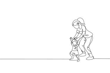 Genç bir annenin kızına evde kurşun yürüyüşü öğretirken sürekli çizdiği bir çizgi. Mutlu aile ebeveynliği kavramı. Dinamik tek çizgi grafik tasarım vektörü illüstrasyonu