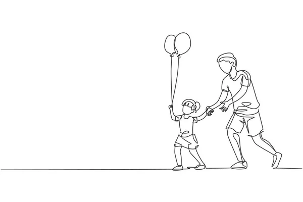 Çocuk Elinde Balonla Karnavallara Giderken Genç Babasıyla Kızının Çizdiği Bir — Stok Vektör