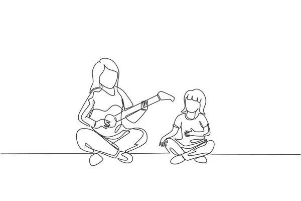 Desenho Linha Contínua Única Jovem Mãe Tocando Guitarra Cantando Feliz —  Vetores de Stock