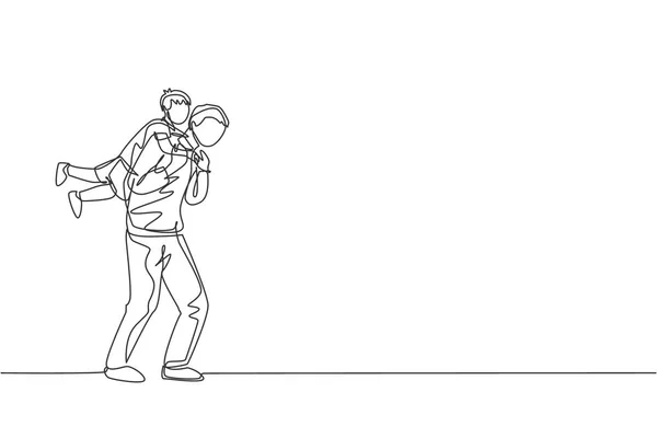 一个快乐的小男孩挂在父亲的肩上 走在回家的路上 不停地画着一条线 快乐父母的概念 趋势单行绘图设计矢量插图 — 图库矢量图片