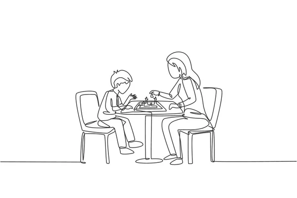 의자에 어머니의 그림은 집에서 진지하게 체스를 가족의 부모라는 하나의 선그리기 — 스톡 벡터