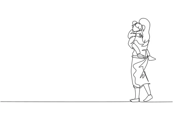 ベッドルームに行く彼女の眠い疲れの娘を運ぶ若い母親の1つの連続線画 幸せな家族の親の概念 ダイナミックシングルラインドローデザイングラフィックベクトルイラスト — ストックベクタ