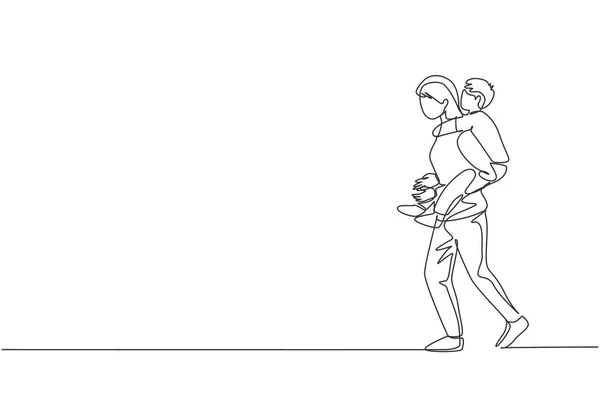 Una Línea Continua Dibujo Joven Madre Caminando Mientras Lleva Hijo — Vector de stock
