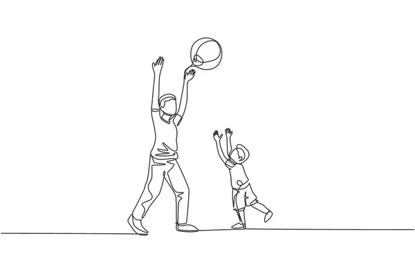 彼の息子と一緒に自宅でビーチボールをスロー再生若い父親の1つの連続線画 幸せな家族の親の概念 ダイナミックシングルライン描画グラフィックデザインベクトルイラスト — ストックベクタ