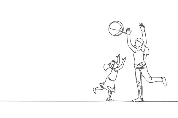 Dibujo Una Sola Línea Continua Jóvenes Jugando Lanzar Pelota Playa — Vector de stock