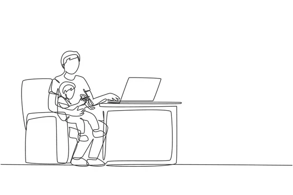 Uma Linha Contínua Desenhando Jovem Pai Sentado Sofá Segurando Seu —  Vetores de Stock