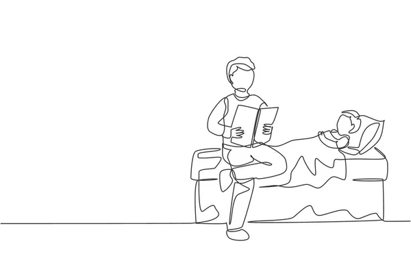 Одна Лінія Малюнок Молодого Батька Сидить Спальні Читає Історію Книги — стоковий вектор