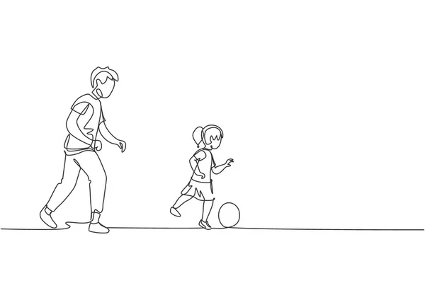 Uma Única Linha Desenho Jovem Pai Correndo Jogando Futebol Com — Vetor de Stock